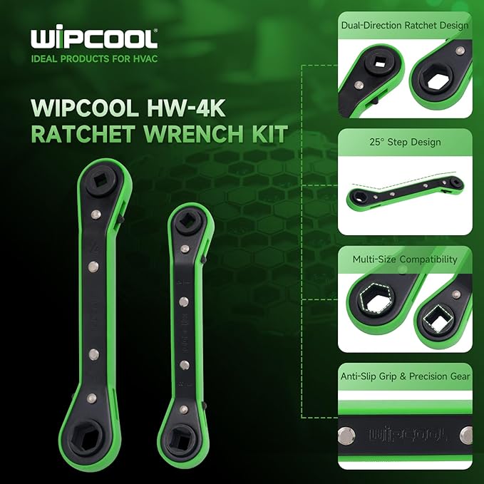 WIPCOOL HVAC Service Wrench Tools Set, Refrigeration Ratcheting Wrench, 3/8”1/4”5/16'' 3/16'' 9/16”1/2”, with 2 Hexagon Bit Adapter Kit for Air Refrigeration and Equipment Repair Tools