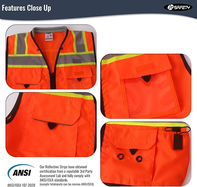 JKSafety Hi-Vis Unisex Surveyor Safety Vest Heavy Duty PPE Inner Pockets ANSI/ISEA Compliant