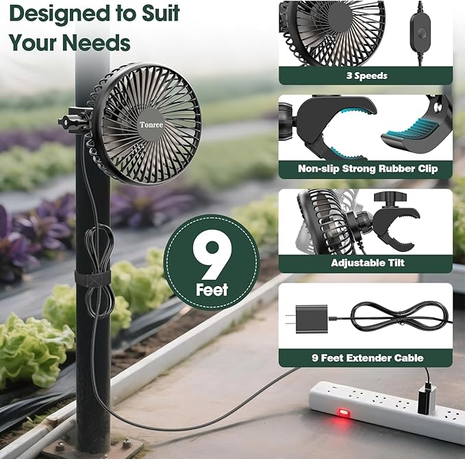 Grow Tent Fan, 5.5" Greenhouse Clip Fan with Brushless Motor and Non-Slip Clamp, Strong Airflow and Low Noise, 360° Tilt, Easy Mount for Plant Hydroponics Circulation Cooling Ventilation Shed