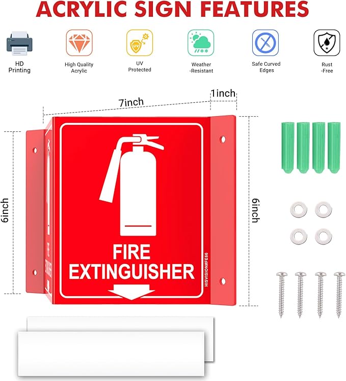 Fire Extinguisher Sign with Down Arrow, 4 Pack - 8" x6 " Acrylic, Includes Matching Screws, Use for Home Office/Business, UV Protected, Fade/Weather Resistant, Indoor/Outdoor Use, Easy to Install