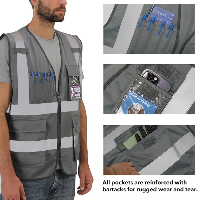 Dib Safety Reflective Vest ANSI Class 2, High Visibility Vest with Pockets and Zipper, Construction Work, Hi Vis