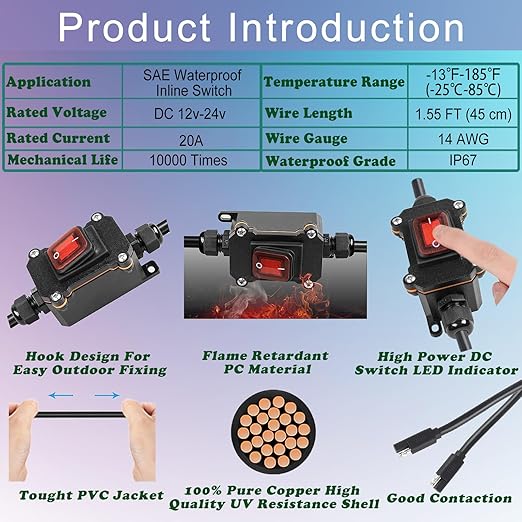 Inline 12V Power Switch SAE Connector IP67 Waterproof, SAE Plug with ON/Off Switch Quick Connect Disconnect Snap, 14AWG Heavy Duty Inline Switch for Solar Panel, Motorcycle, RV, Camp Trailer