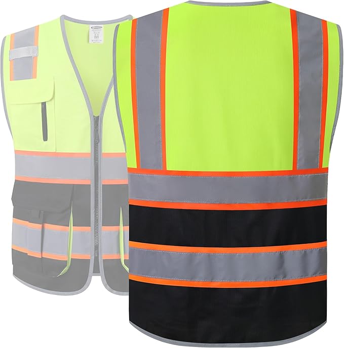 JKSafety 7 Pockets High Visibility Zipper Front Safety Vest With Reflective Strips.Meets ANSI/ISEA Standards(130-Yellow-Black M)
