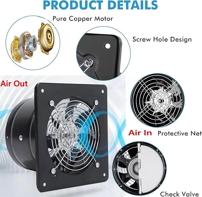 Exhaust Fan 40W Through-wall installation Ventilation Fans 110V Exhaust Fan with Plug 6 inch Exhaust Smoke Fan with Pure Copper Motor for Kitchen Shopping Mall (Black)