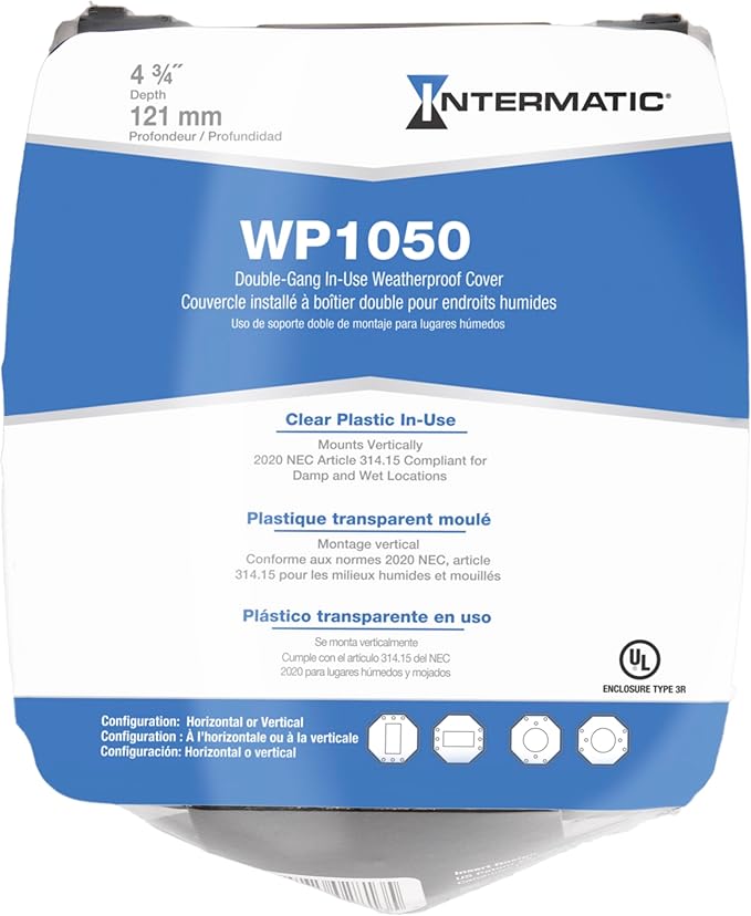 Intermatic WP1050 4-3/4" Deep Weatherproof Outlet Cover – Clear, GFCI & Round, Vertical Mount, UL Certified - Accommodates Single Device Configuration On Larger Double Gang 4"x4" Boxes