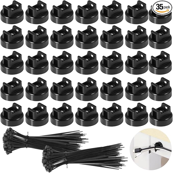 Magnetic Cable Zip Tie Mounts, 35 Pcs Magnet Bases with 200 Pcs Cable Ties, Multipurpose Wire Management Organizer for Desk PC Home Office, Adhesive-Free Cable Clips Holder