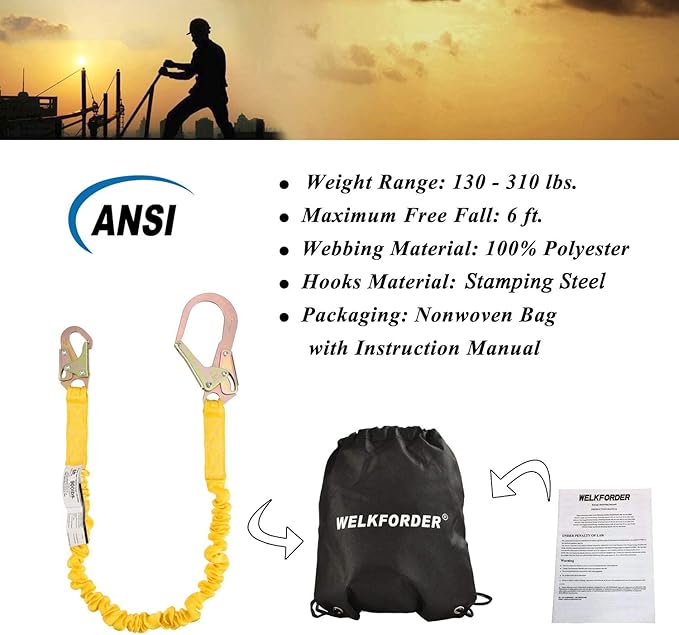 Single Leg 6-Foot Fall Protection Internal Shock Absorbing Stretchable Safety Lanyard with Snap & Rebar Hook Connectors CSA＆ANSI Compliant
