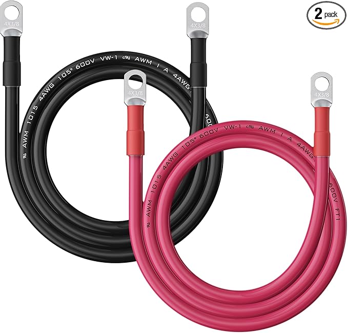 4AWG Battery Cable with 3/8" Terminals, 4 Gauge Pure Copper Inverter & Welding Wire with 3/8 inch Lugs Both Ends, UL, Power Inverter Wire Set for Automotive, Solar, Marine, RV(Red + Black, Each 2FT)