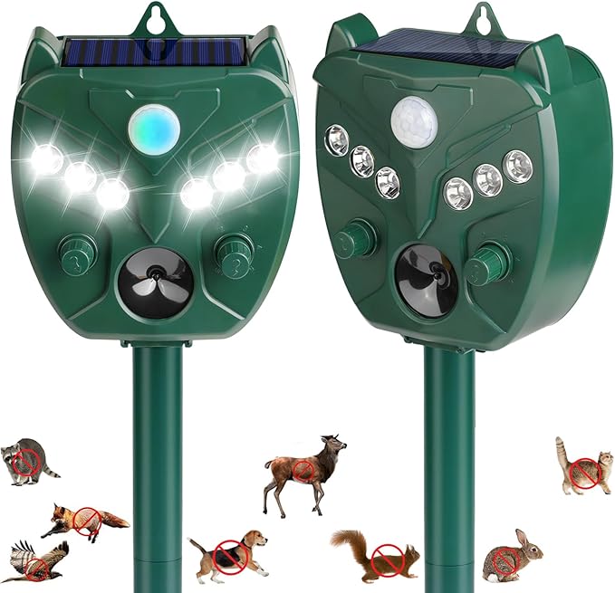 2 Pack 2026 Upgraded Solar Ultrasonic Animal Repellent Outdoor – Motion Activated Deer, Squirrel, Cat, Raccoon, Dog & Bird Deterrent with Multi-Frequency LED Strobe & Ultrasonic Sweep for Yard Garden