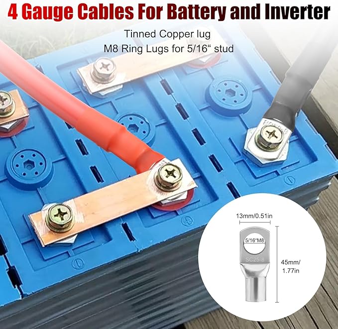 Linkstyle 6PCS 4 AWG 12 Inch Battery Cables, 30CM Pure Copper Power Inverter Wire with 5/16" Lugs Terminals, for Solar Auto RV Car Golf Cart Marine