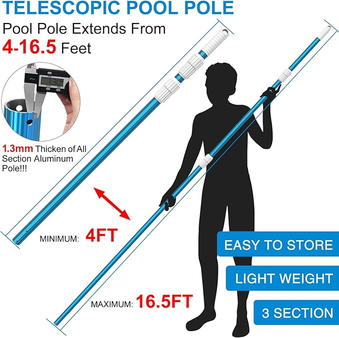 CKE Upgraded 16.5 Feet Thicken 1.3mm Blue Aluminum Telescoping Swimming Pool Pole,Adjustable 3 Piece Expandable Step-Up,Attach Connect Skimmer Net,Rakes,Brushes,Vacuum Head with Hoses, Universal 1.25"