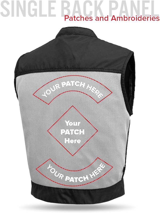 First Mfg Co Lowrider Mens Motorcycle Biker Riding Armor Club Style Black Leather, Twill, Moto Mesh, Perforated Vest