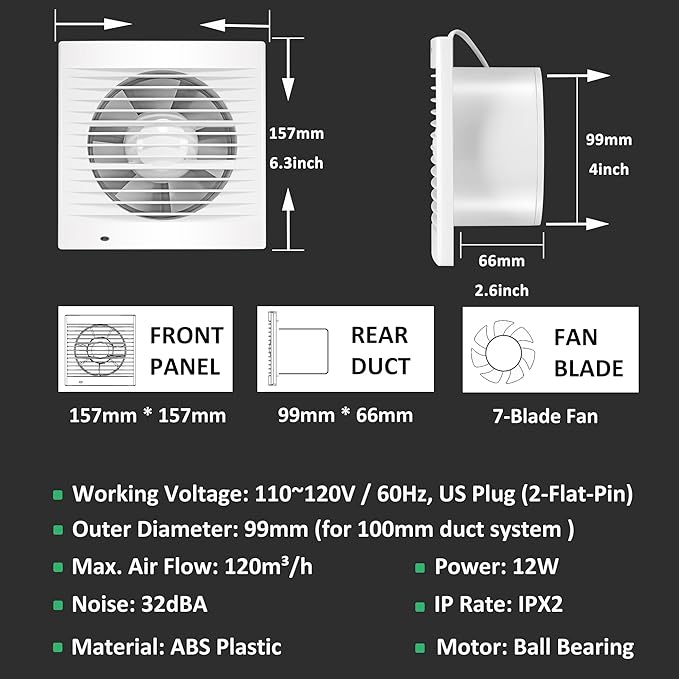 4" Exhaust Fan, 55CFM 12W Small Window Wall Mount Vent Extractor Fan for Kitchen Bathroom Workshop Garage (US Cord)