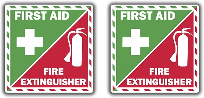 First Aid Fire Extinguisher Inside Vinyl Sticker Decal Emergency Safety Kit 5" x 5" Set of 2