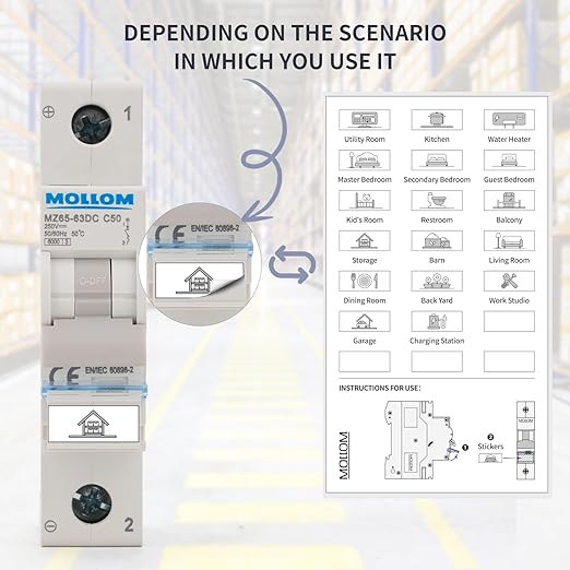 MOLLOM DC 1 Pole Miniature Circuit Breaker, 250V 16Amps, C16 Scene Visualization Custom MCB Thermal Magnetic Trip, 6KA Breaking Capacity DC Disconnect Switch for Solar PV System