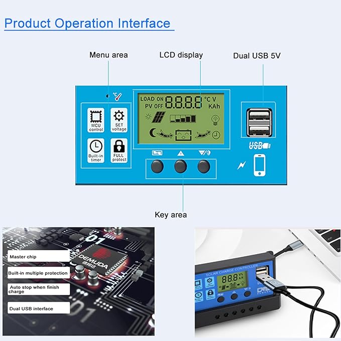 Anern 60A PWM Solar Charge Controller 12V/24V with LCD Display, Dual USB Solar Panel Battery Intelligent Regulator, Auto Parameter Adjustable, Timer Setting, Multiple Load Control Modes