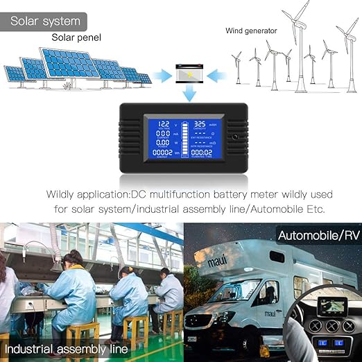 DC Multifunction Battery Monitor Meter,0-200V,0-100A (Widely Applied to 12V/24V/48V RV/Car Battery) LCD Display Digital Current Voltage Solar Power Meter Multimeter Ammeter Voltmeter