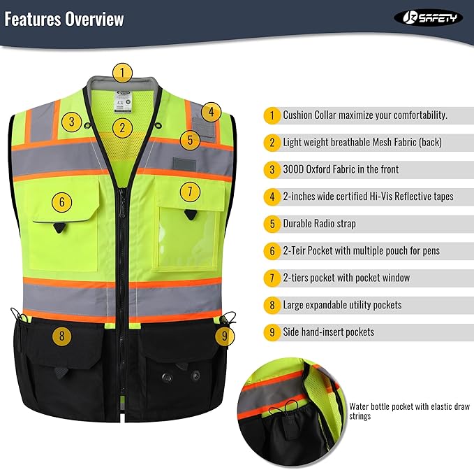 JKSafety Hi-Vis Unisex Surveyor Safety Vest Heavy Duty PPE Inner Pockets ANSI/ISEA Compliant
