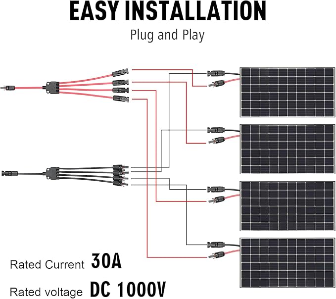 Solar Panel Connectors 1 to 4 Y Branch PV Connector Kit 1 Pair Solar Parallel Adapter 30A IP67 Waterproof Solar Panel Splitter Cable for RVs Roof (M/FFFF, F/MMMM)