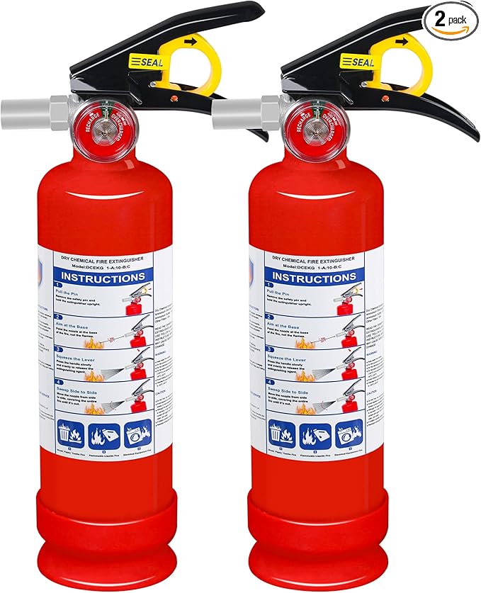 2 Pack ABC Dry Chemical Fire Extinguishers with Mount, 2.5 lb 1A:10B:C Rating for Home, Vehicle, Boat, Quick Release Handle, Compact & Portable Dry Powder Extinguisher
