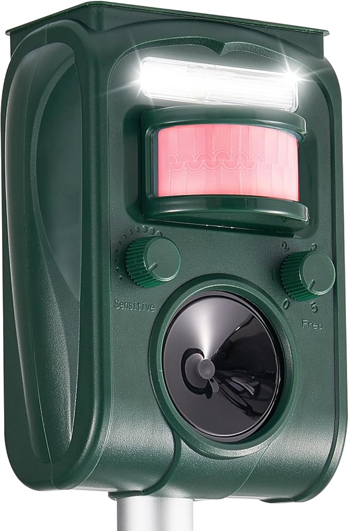 Upgraded Solar Ultrasonic Squirrel Deer Repellent Devices Motion Detection 5 Adjustable Modes, Cat Raccoon Rabbit Dog Deterrent, Animal Repellent with LED Waterproof for Yard