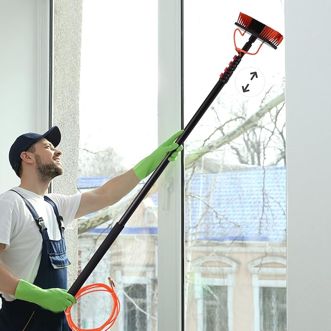 24ft Water Fed Cleaning Brush with Squeegee Water Fed Pole Kit 210°Adjustable with 4 Water Outlet Window Cleaner Window Washing Kit Car Cleaner Roof Cleaning and Washing Tool for Window