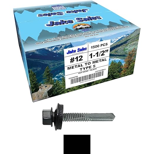 12 x 1-1/2" Black Type 5 Drill Point Roofing Screws - Hex Washer Head - Self-Starting/Tapping - EPDM Washer 6 X 250 Bags - 1,500 Screws