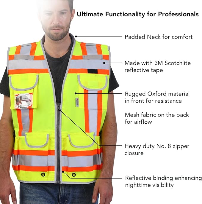 Dib Safety Reflective Vest Heavy Duty, High Visibility Two Tone Engineer Vest, Padded Collar, Retractable ID Pocket, Made with 3M Reflective Tape, Yellow 2XL