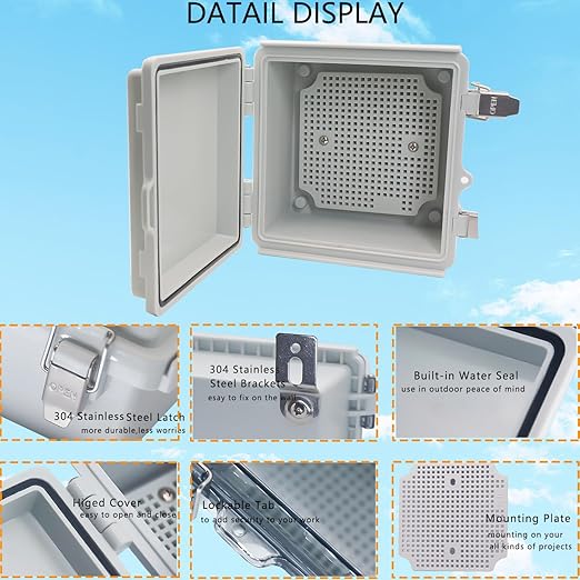 Waterproof Junction Box, ABS Plastic Electrical Box with Stainless Steel Latch, Hinged Cover Electric Project Enclosure Box with Mounting Plate, Wall Brackets & Cable Gland 5.9"x5.9"x3.5"
