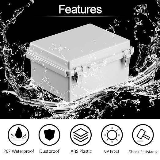 LeMotech Electrical Box, IP67 Waterproof Hinged Cover Stainless Steel Latch Junction Box, ABS Plastic Electrical Enclosure with Mounting Plate,Wall Brackets, Cable Glands,8.7"x6.7"x4.3",Grey