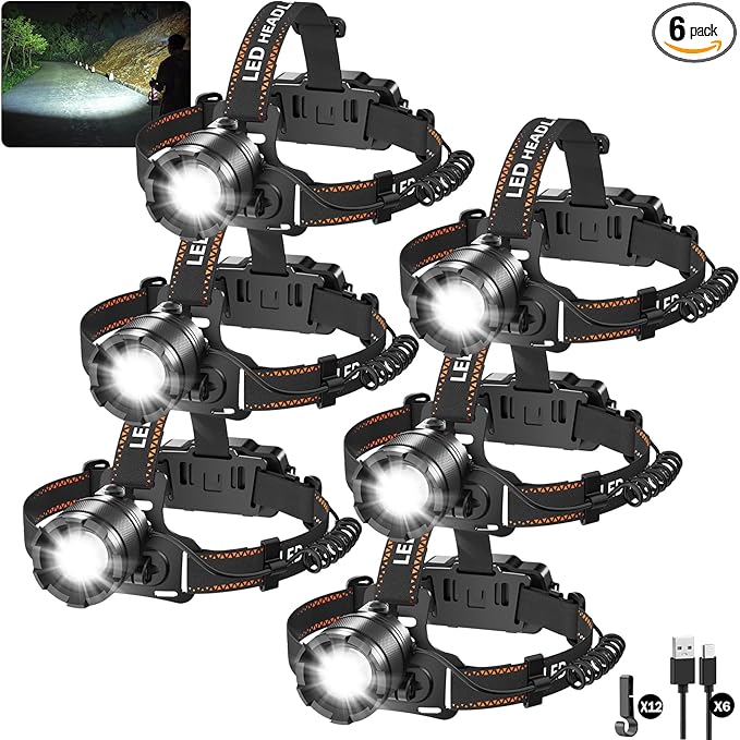 KYEKIO 6Pack Rechargeable Headlamps for Adults, Super Bright Head Lamps LED Rechargeable, 4Mode Head Lights for Forehead Hard Hat, Adjustable Focus 90°Headlight, Waterproof LED Headlamp Camping
