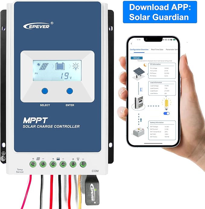 EPEVER 20A MPPT Solar Chagre Controller 12V 24V Auto, Max PV 100V Solar Panels Power 260W/520W Charger Regulator Tracer2210AN-G3 for Lead Acid, Lithium Battery