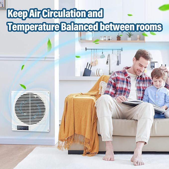 20W 8” Room to Room Fan 10-Speed RC Two-Way Reversible Airflow Through Wall with Temperature and Timer Setting In-Wall Vent Fan