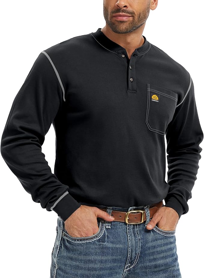 WORKWEYA FR Shirts for Men 6.5 oz Flame Resistant Long Sleeve Henley Shirt NFPA 2112/CAT2