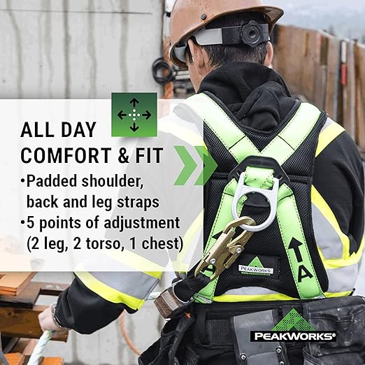 PeakWorks PeakPro Series Safety Harness - Full Body Safety Harness - CSA & ANSI Compliant Fall Protection - 310 lbs Capacity - Universal Size (Multiple Classes & Leg Buckle Types)
