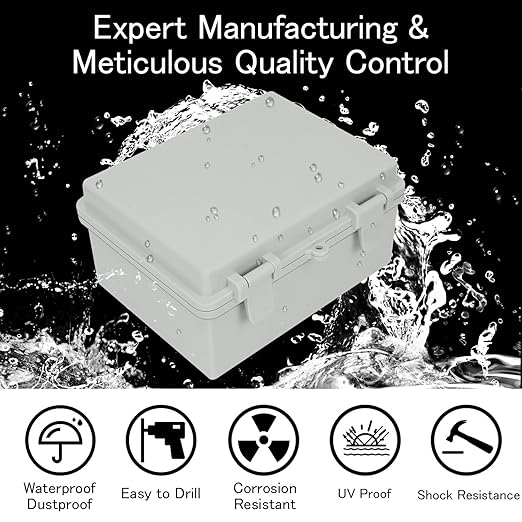 Junction Box IP65 Waterproof Electrical Box Outdoor ABS Plastic Project Box Hinged Shell Universal Enclosure Box with Mounting Plate, Wall Brackets, Cable Glands 8.7"x 6.7" x 4.3"