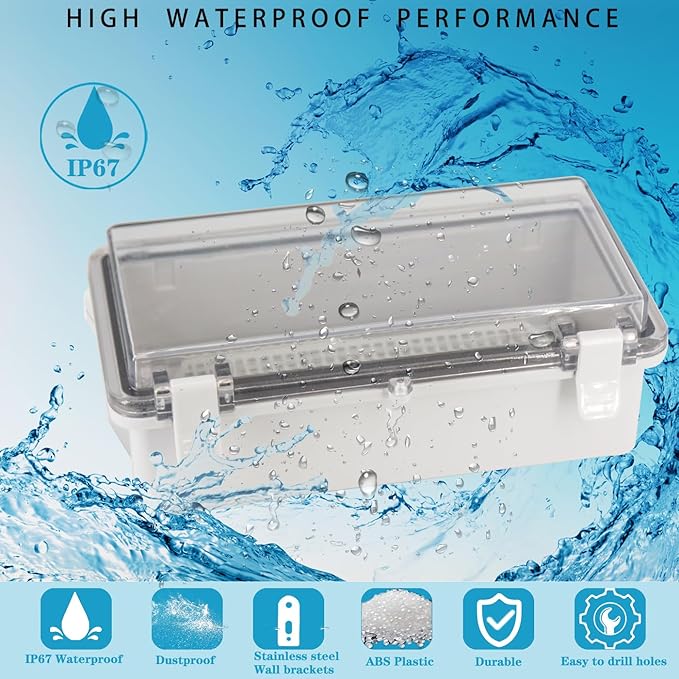 Waterproof Outdoor Electrical Box Junction Box Weatherproof IP67 ABS Plastic Enclosure Switch Router Project Box with Mounting Plate with Wall Bracket 2 Cable Glands Clear 7.9"x3.9"x2.8"