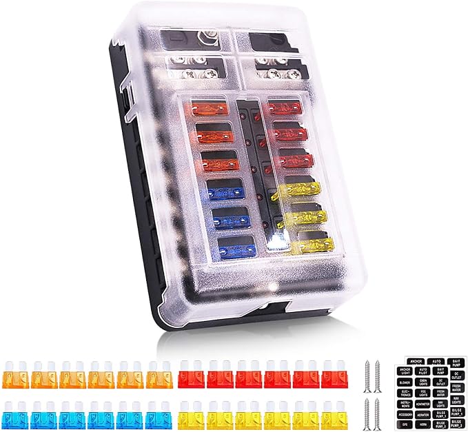 12 Way 12V Fuse Box 12Volt Blade Fuse Block, 12 Circuit W/Negative Bus Waterproof Fuse Box with LED Indicator for 12V/24V Automotive Golf Cart Truck Car Boat Marine RV Van Vehicle