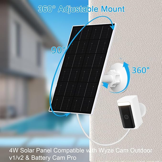 FUTUREZEN 4W Solar Panel for WYZE Cameras, USB-C & Micro USB Solar Charger, Compatible with WYZE Cam Pro, Outdoor Cam V1/V2, 9.8ft Cable, IP66 Waterproof, 360° Adjustable Mount (1 Pack)