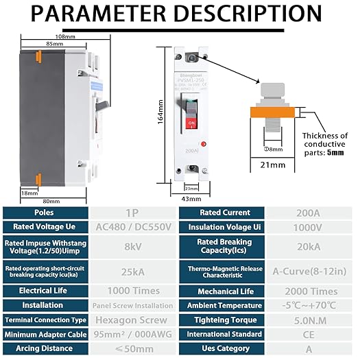 Main DC 200 Amp Circuit Breaker AC Disconnect Switch 1 Poles 550V Battery Thermal Magnetic Trip Power Solar UPS Station