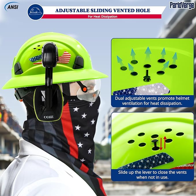 Full Brim Hard Hats Construction OSHA Approved with Visor-Vented Hard Hat with Neck Gaiter with Ear Loops,Safety Hard Hats for Men with Chin Strap ANSI Z89.1 Type 1 Class C,6-pt Suspension