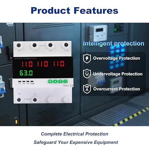 63A 110/120V Triple Power Automatic Transfer Switch,Automatic Switching Between Utility Power、Generator and Inverter,Overcurrent Protection,Overvoltage and undervoltage Protection