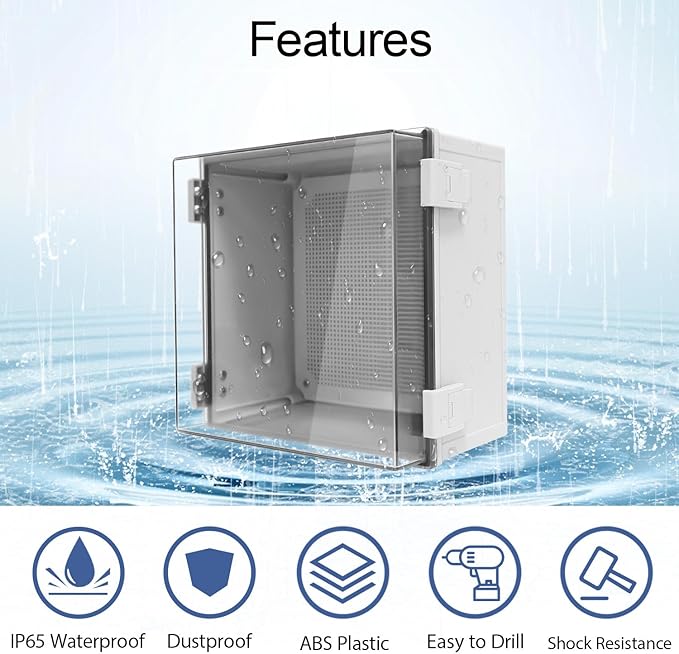 Junction Box, IP65 Waterproof Dustproof ABS Plastic Enclosure, Outdoor and Indoor Project Box Hinged Clear Cover with Mounting Plate Wall Brackets, Outer Dimension 11.8"x 11.8" x 7.1", Grey