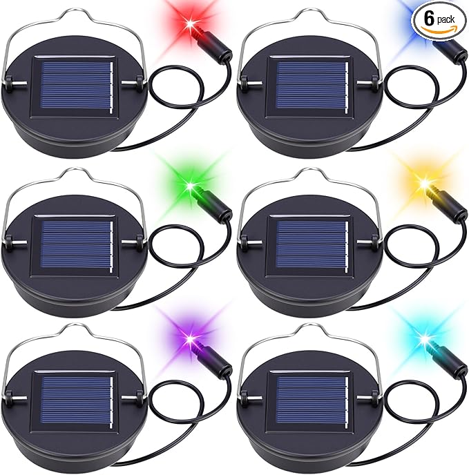 Kingdder 6 Pack Solar Light Replacement Top, 3 Inch Solar Lantern Replacement Lid with 600mah Rechargeable Battery, Waterproof Hanging Lamp Parts for Outdoor Patio Garden (Colorful Lights)