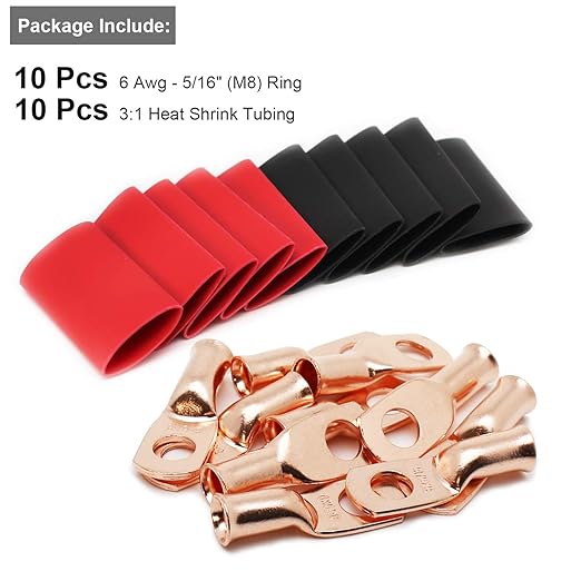 TKDMR 10pcs 6 AWG-5/16 Battery Lugs,with 10pcs 3:1 Heat Shrink Tubing,Battery Cable Ends,Heavy Duty Copper Wire Lugs,Tubular Ring Terminals,AWG Crimp Wire Ring Lugs,Battery Terminal Connectors