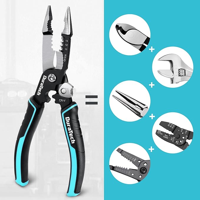 DURATECH 5-in-1 Wire Stripper, 8" Wire Stripper and Crimping Tool, Premium CR-V Construction, Needle Nose Plier, Multifunctional Electrician Pliers for Crimping, Cutting, Stripping, Shearing, Clamping