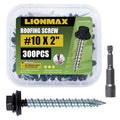 LIONMAX Metal Roofing Screws #10 × 2 Inch, 300-PCS, Black Painted Hex Head Sheet Metal Roof Screws, Rubber Washer, Sharp Point, Metal to Wood Siding Screws, Hex Socket Included