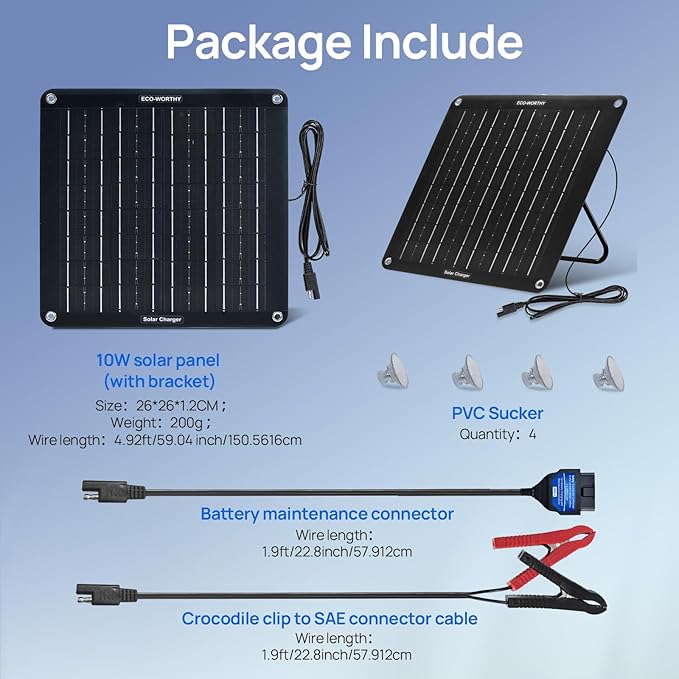 ECO-WORTHY Upgraded OBDII 10W Solar Battery Trickle Charger Maintainer 12V Waterproof Solar Panel Trickle Charger Kit with Portable Stand for Car Truck Boat Mower RV Trailer ATV Marine Battery