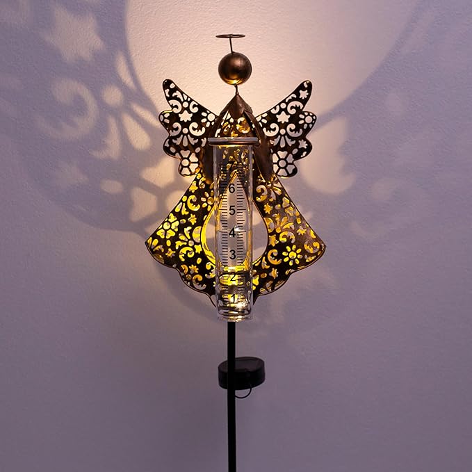 Solar Rain Gauge Outdoor,Decorative Angel Rain Gauges Outdoors Best Rated,Large Plastic Tube Freeze Proof Water Gauge for Yard Patio Lawn Garden Decor Gift for Women Measuring Precipitation