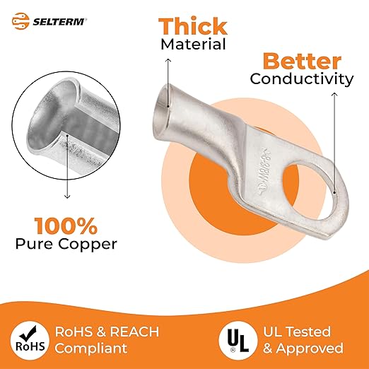 SELTERM 10pcs 8 AWG-3/8" Stud Tinned Copper Wire Lugs, Heavy Duty Battery Cable Ends,8 Gauge Ring Terminals, UL Battery Lugs Marine Grade Copper Eyelets Electrical Battery Terminal Connectors